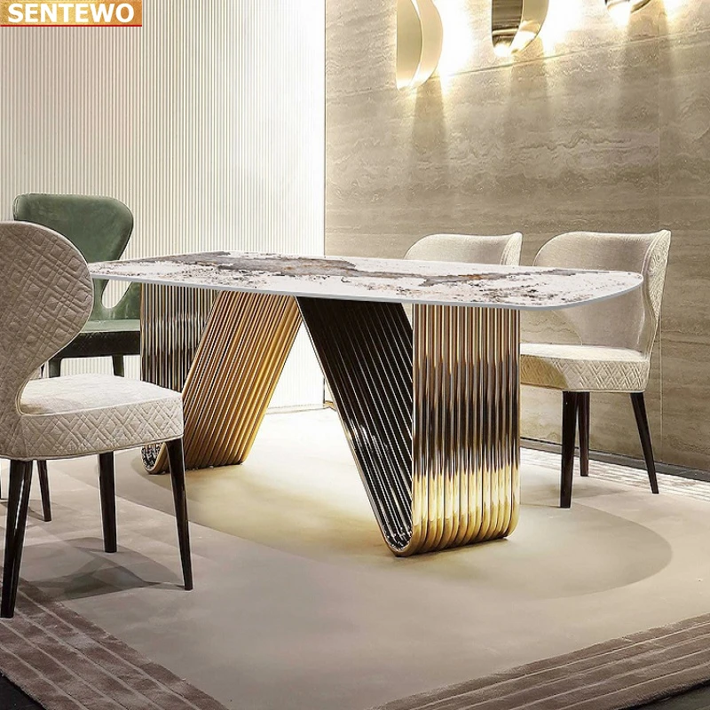 Designer Luxury dinning room Marble Rock Slab dining table set 6 chairs mesa esstisch furniture marbre Stainless steel gold base