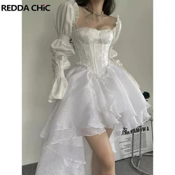 REDDACHiC Hi-Lo Trailing Mini Dress Pretty Jacquard Satin Puff Sleeves Lace Up Backless White Wedding Party Princess Women Gown