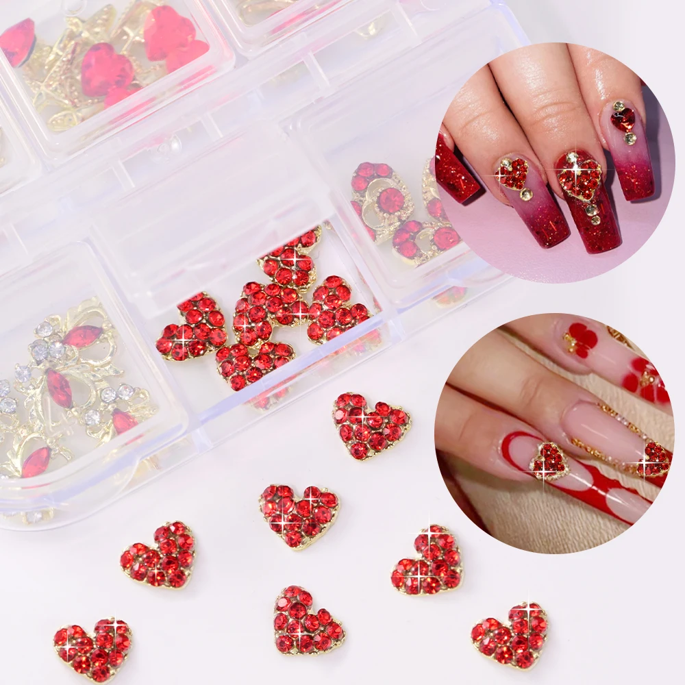 30 Piezas de Adornos de Uñas con Diamantes de Imitación en Forma de Corazón con Incrustaciones de Diamantes Rojos, Decoración de Uñas con Pedrería Dorada Brillante en 3D, Regalo de San Valentín para Niñas