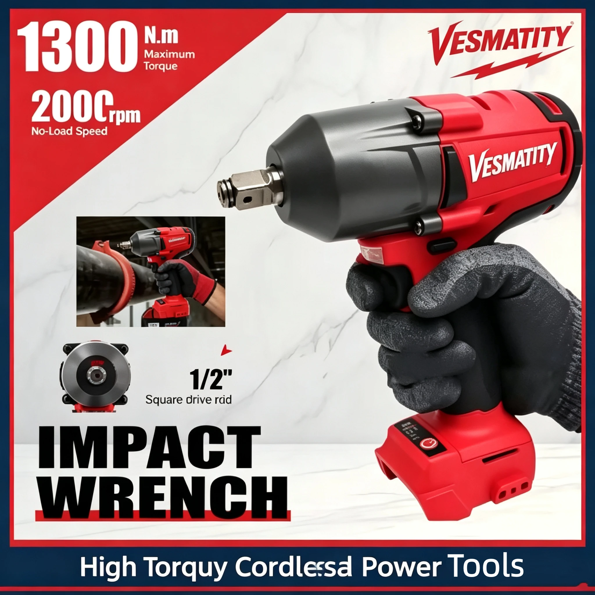 Brushless Impact Wrench 1300NM Cordless Electric Wrench Large Torque 1/2 inch Power Tools for Car Truck Tire Repair