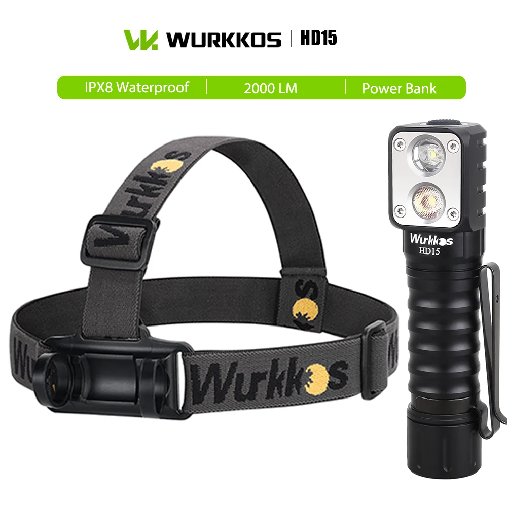 Перезаряжаемый налобный фонарь Wurrkos HD15 2000 лм, IPX8, с двумя светодиодами, аккумулятор 18650, функция обратной зарядки, для рыбалки и выживания