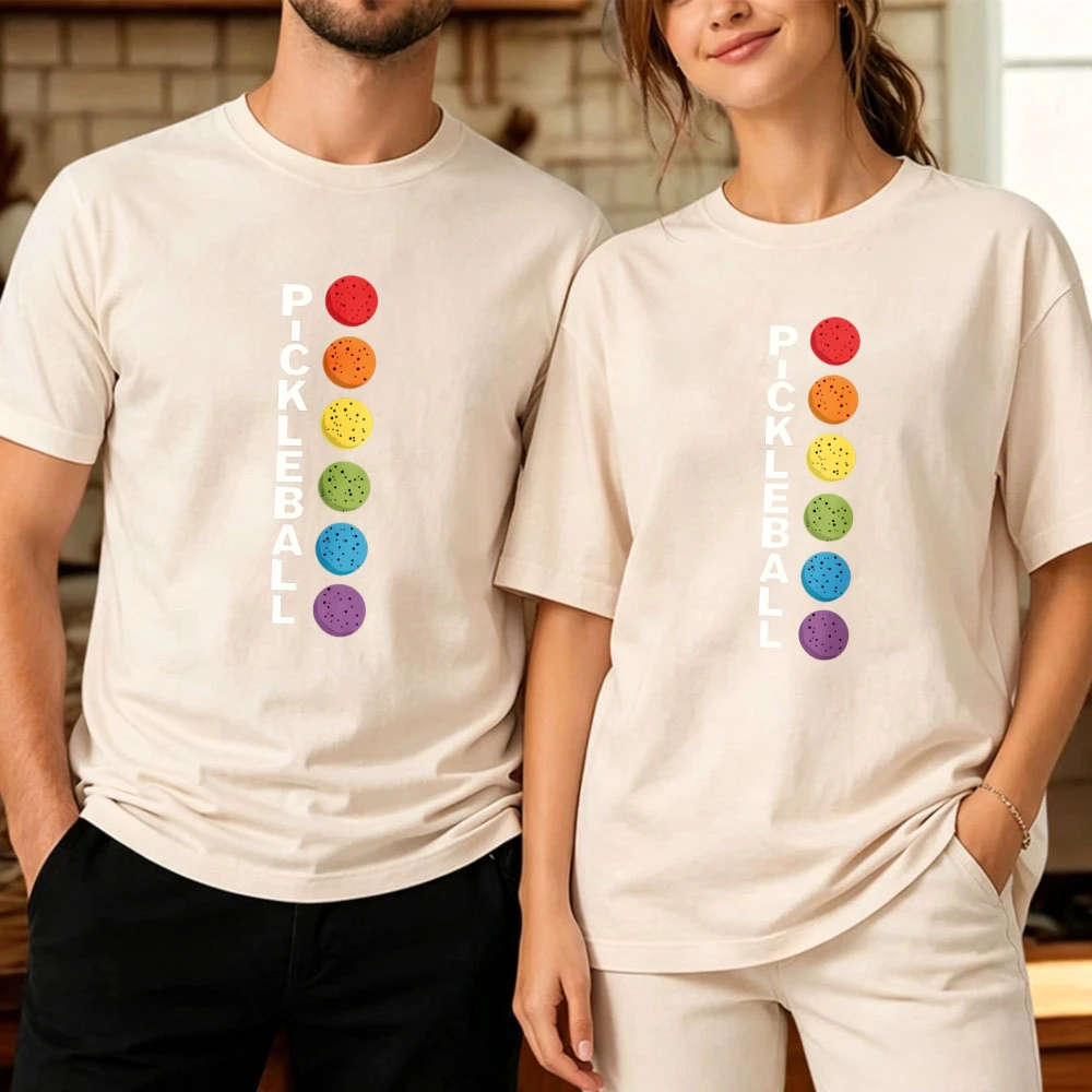 Vertical Rainbow Multicolor Pickleball Balls Letter Print Cotton T-Shirt Unisex Minimalist Sports Graphic Casual Outdoor Tops