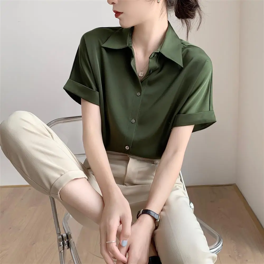 Retro Hong Kong Style Solid Color Elegant Temperament Short Sleeved Shirt Summer New Fashionable Simple Loose Slim Women\'s Top