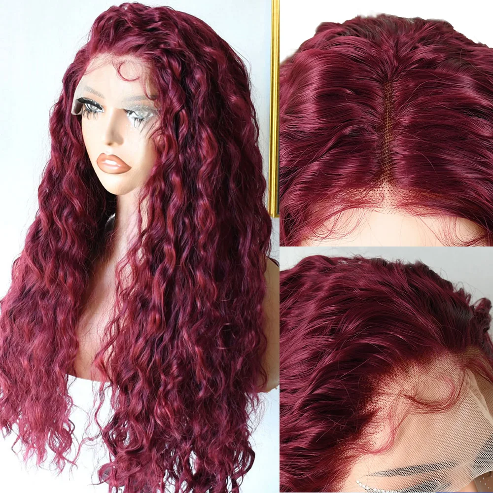 30 Inch 99J Burgundy Hd Lace Frontal Wig Red Colored 13x4 Transparent Curly Deep Wave Synthetic Lace Front Wig