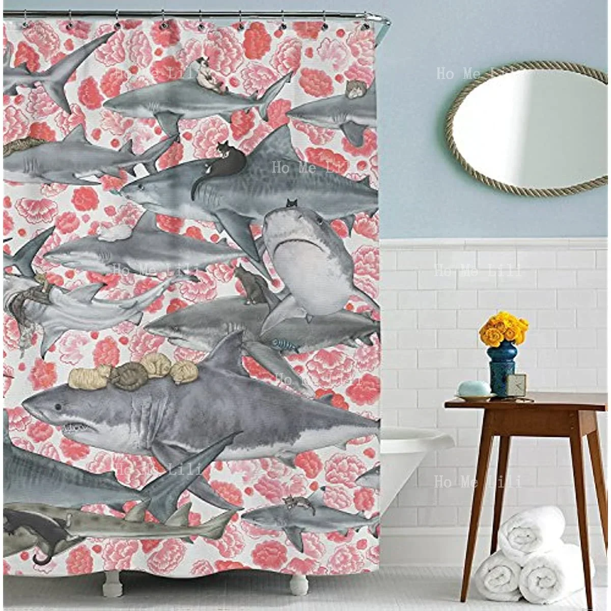 Cats Riding Sharks Shower Curtain Set Floral Pirate Bathroom Decor Cool Boho Artwork Hooks