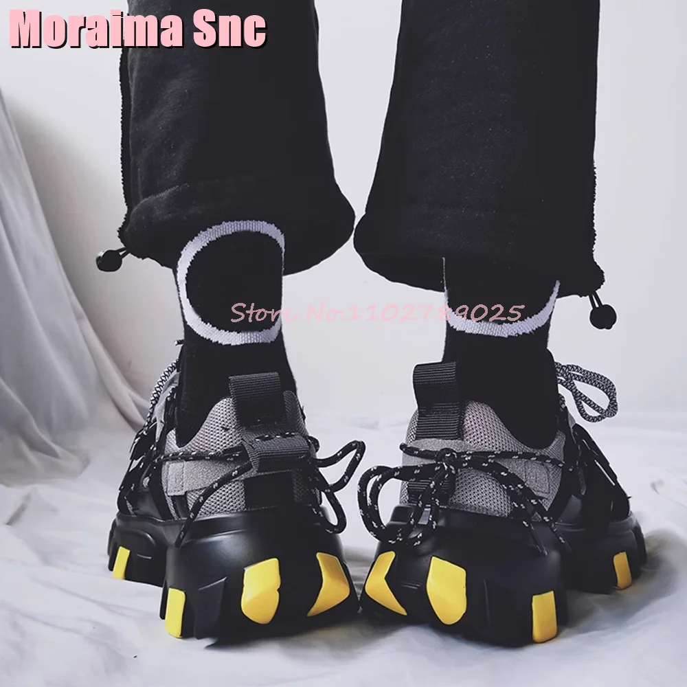 Mixed Colors Thick Sole Lace Up Sneakers Buckle Round Toe Dad Shoes Sports Increasing Height Fashion Spring Autumn 2023 Newest