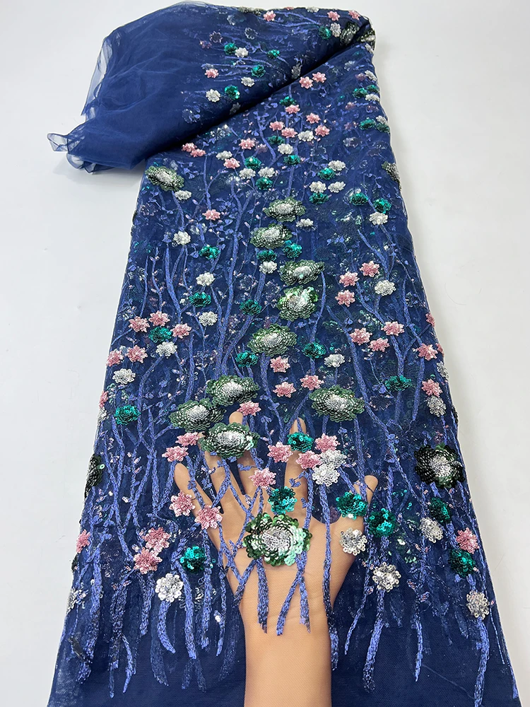 

Синяя кружевная тюлевая ткань с вышивкой Dr Material Wedding Dr Clothing iny с блестками и цветочным узором по индивидуальному заказу