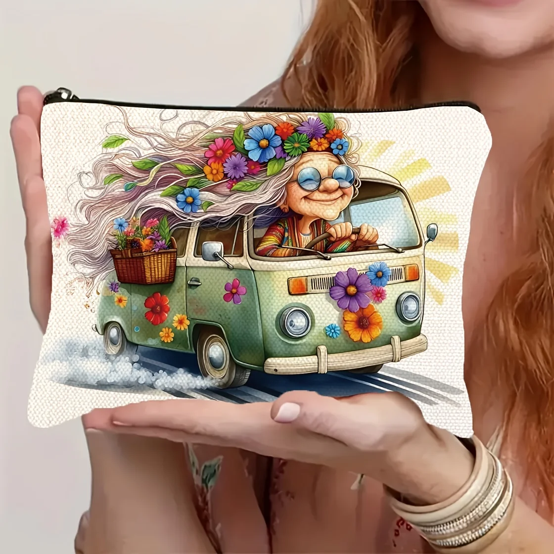 1Pc Retro Hippie Style Cute Grandma Float Retro Design Multifunctional Travel Makeup Bag, Snack Storage Bag, Stationery Storage Bag, Fashionable Toiletry Bag, Canvas Double-Sided Printed Zipper Pouch