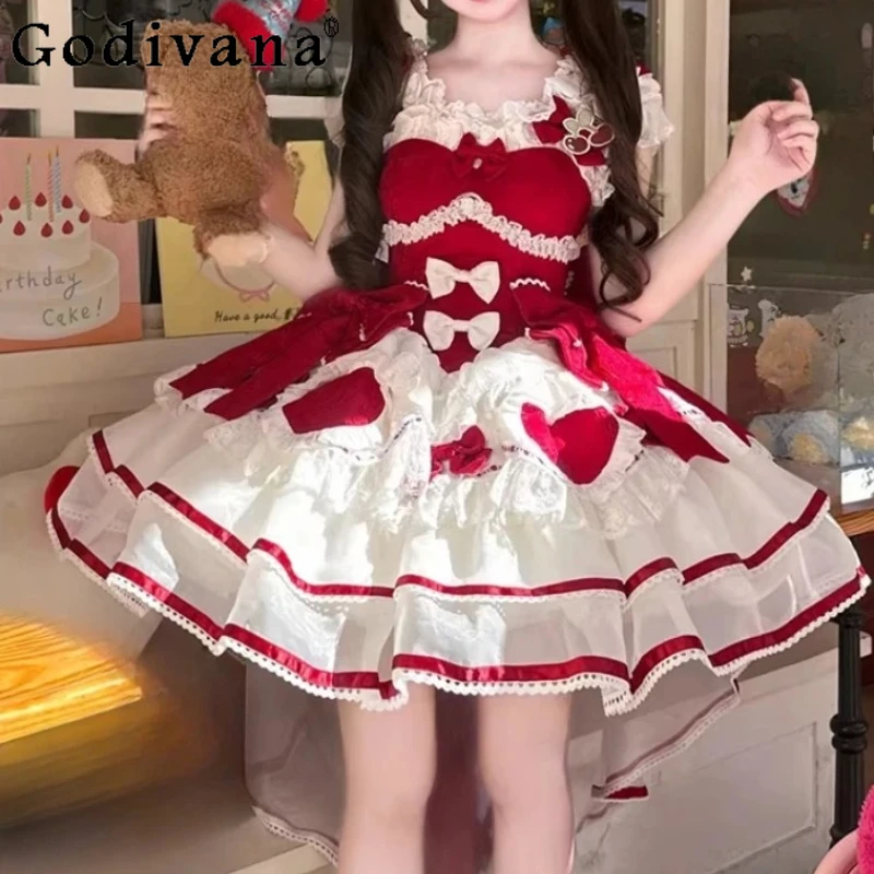 

Spring Summer New Sweet Lolita Bow Jsk Party Princess Cake Dress Fashion High Waist A-line Versatile Age-reducing Fairy Dresses