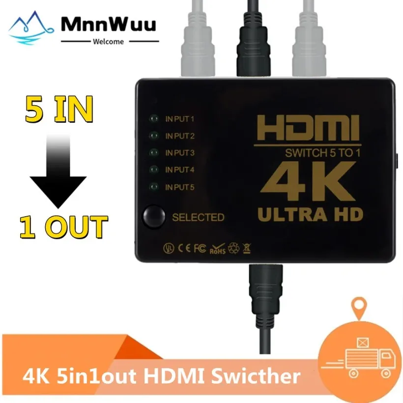 

MnnWuu HDMI-compatible Switcher 4K HD 5 Port HD Switch Selector Splitter With Hub IR Remote Controller For HDTV DVD TV BOX