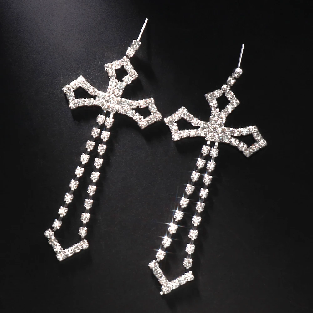 Stonefans Bridal Crystal Cross Shape Long Earrings Sparkly Accessories Rhinestone Dangle Earrings for Women Wedding Jewelry