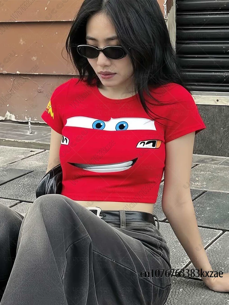 2026 Lightning Mcqueen Print Crop Top For Women Fashion Round Collar Short Tshirt Sexy Street Trendy Tees Casual Y2k Vintage Top