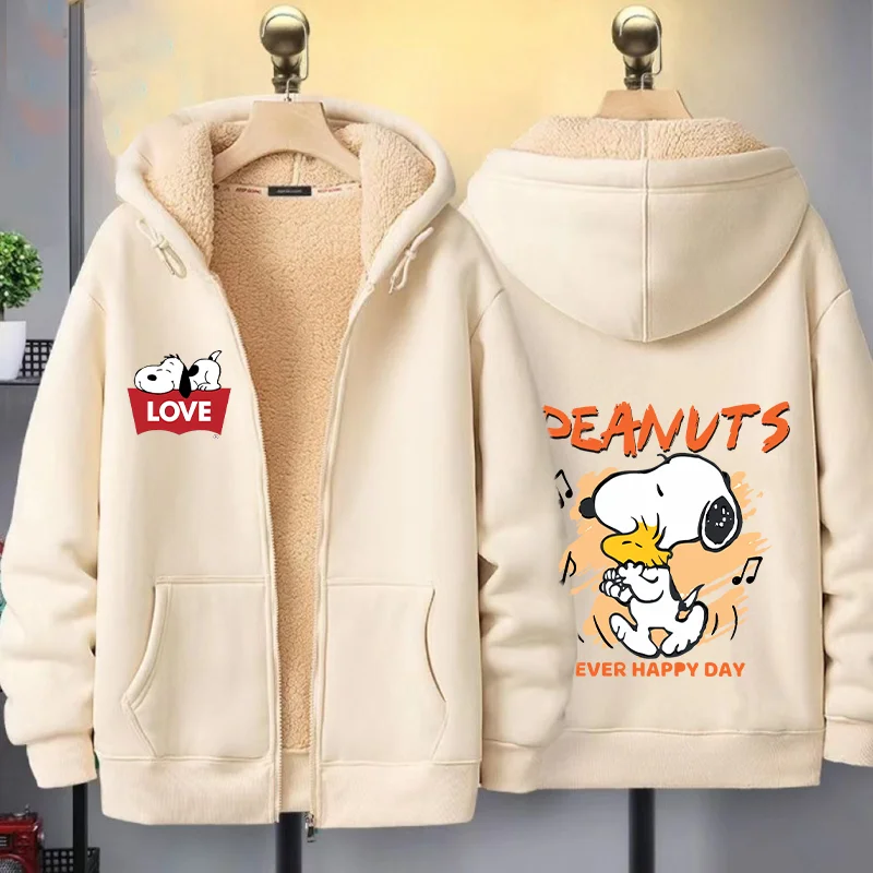 Snoopy Lambswool Sweatshirt Popular Cartoon Anime Peanuts Zip-up Jacket Trendy Loose-Fit Casual Hooded Winter Warm Adult Tops