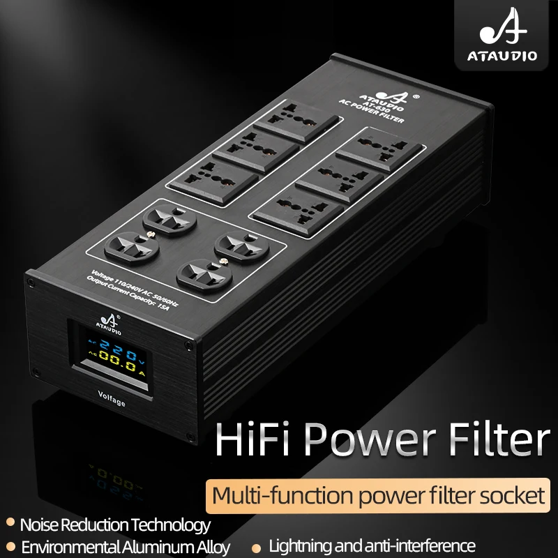 ATAUDIO HiFi Power Filter with US /Universal Sockets 15A Noise-free LED Display Lightning Protection Outlet Audio Power Filter