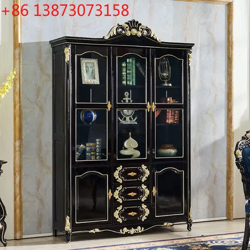 Libreria europea in legno massello porta in vetro con nastro color legno di sandalo nero Studio di lusso leggero americano tre porte quattro porte multi-