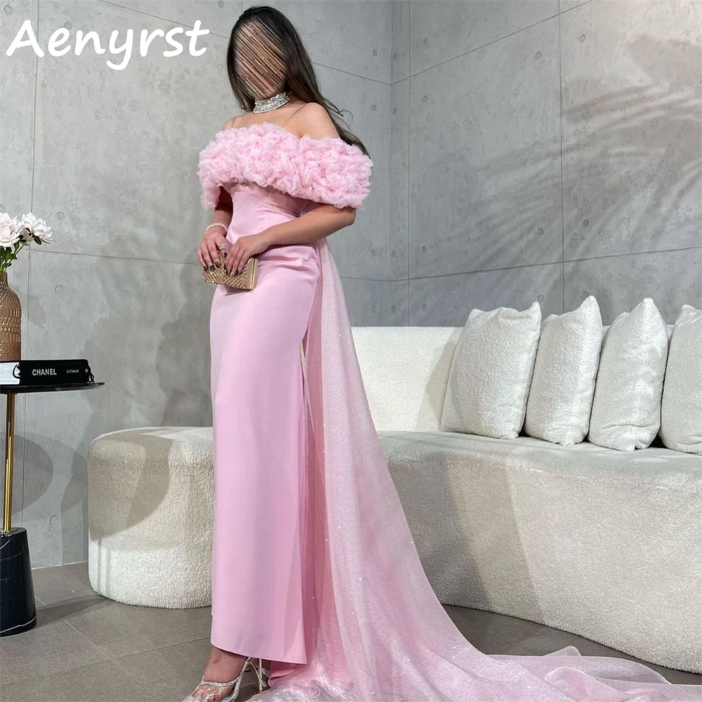 Aenyrst Pink Off The Shoulder Ruffles Saudi Evening Dresses Mermaid Satin Boat Neck Prom Dress Ankle Length Formal Party Gowns