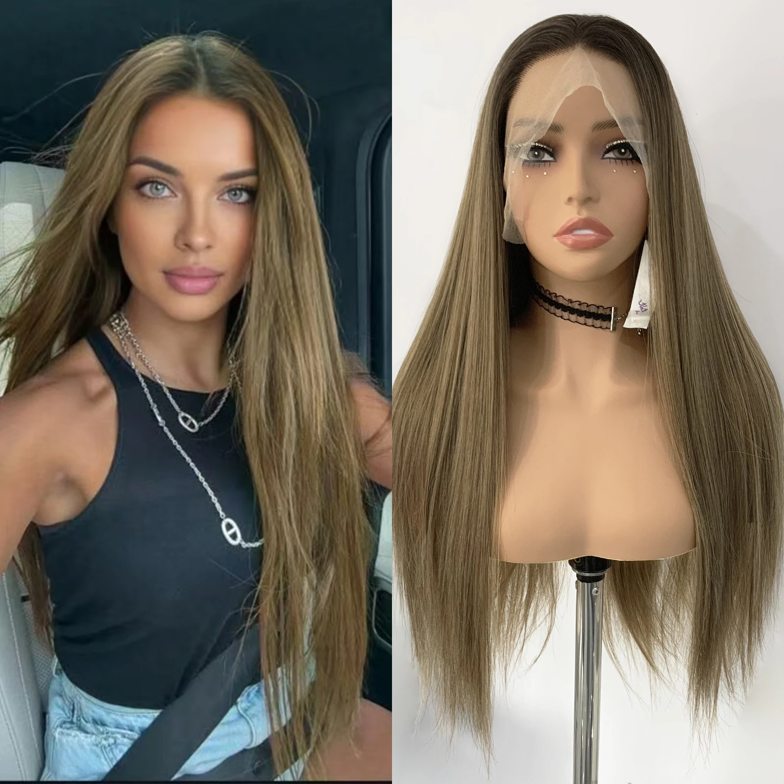 WIF Brown Multi-Tone Mix Honey Tea Brown Straight Heat Resistant Synthetic Lace Front Wig Natural Hairline For Women Daily Use