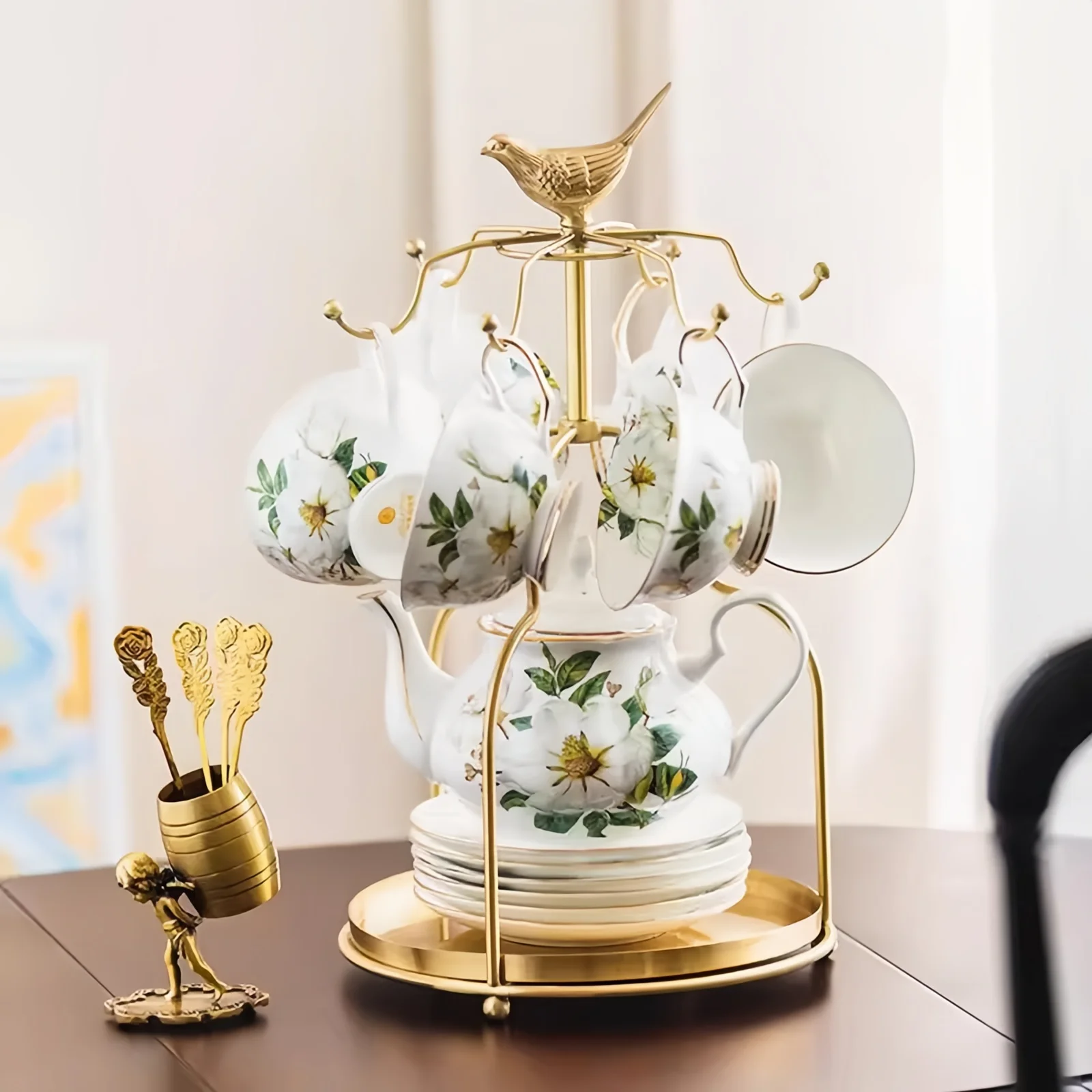 

European brass coffee cup holder light luxury household cup and saucer storage hanger living room dining table teapot storage ra