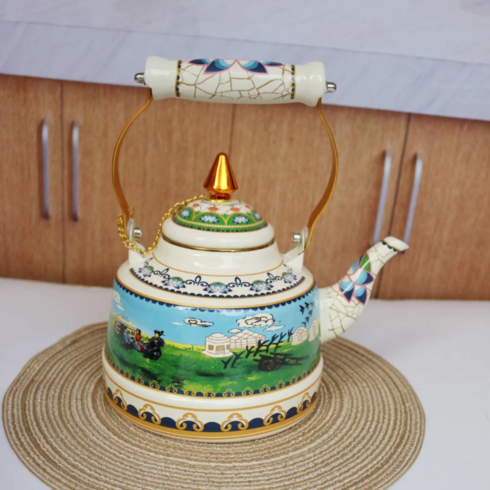 

Mongolian Design Enamel Teapot Decorative Floral Pattern Water Kettle Floral Enamel Teapot Large Capacity Vintage Enamelware Pot