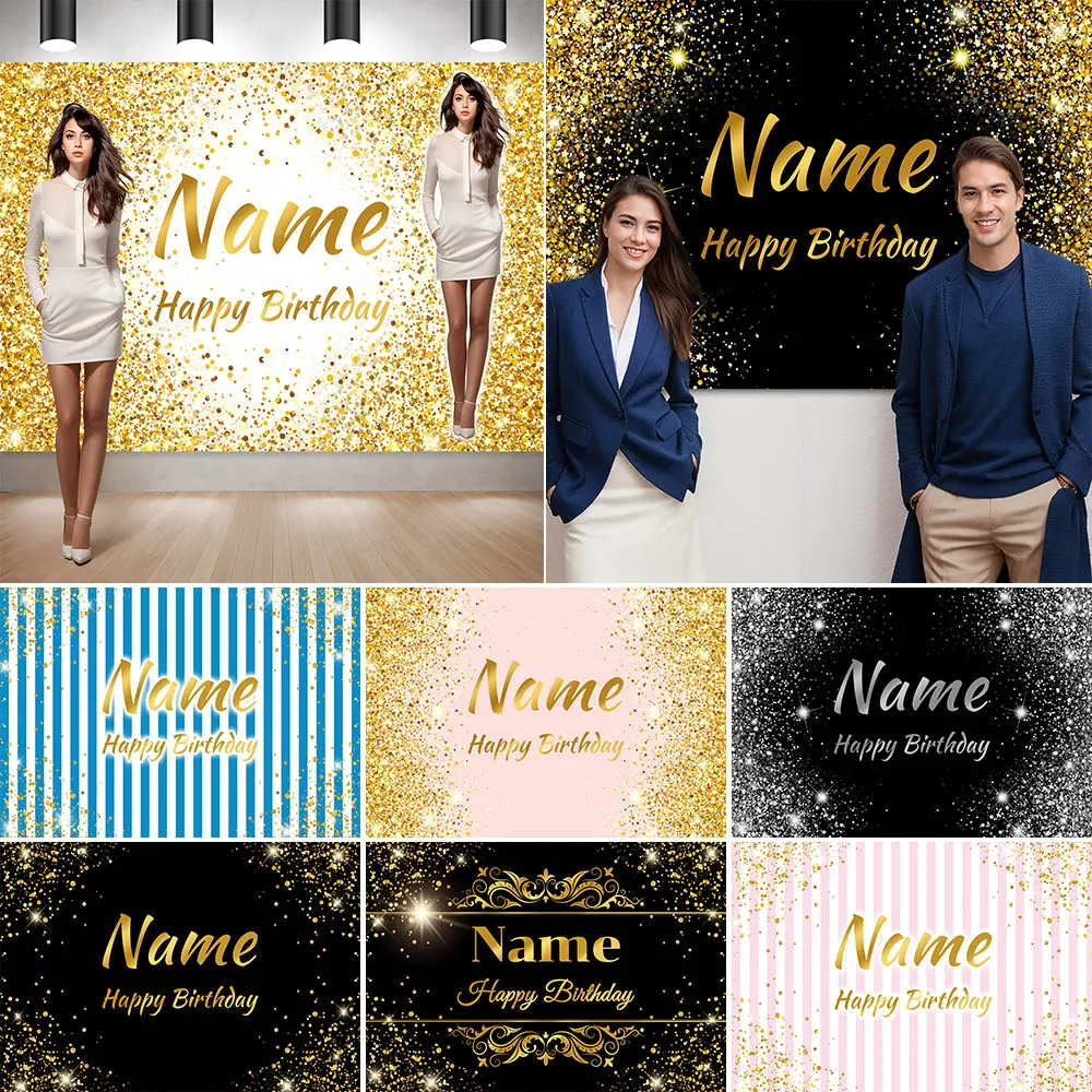 

Custom Name Happy Birthday Children's Party Baby Shower Background For Photography Sliver Glitter Photo Background Photocall