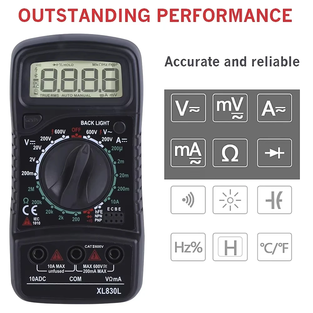 JCD Digital Multimeter AC/DC Votage Current Automatic Tester 2000 Counts True RMS Ohm Ammeter Capacitance Meter XL830L