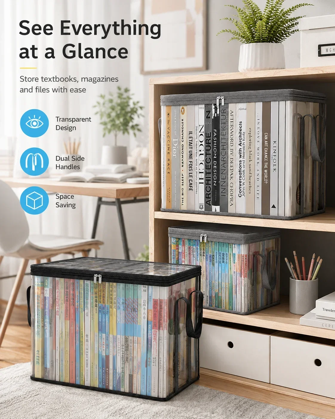 High-Capacity Transparent Book Bin with Lid, Dust-Proof Storage Box for Classroom and Study Desk