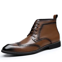 Ankle Boots Spring/Autumn Boots for Men Lace-up Brogue Shoes Brown Genuine Leather Casual Boots Work Office Wedding Formal Shoes