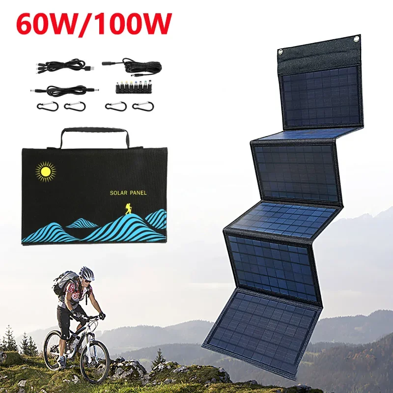 

100W 60W Solar Panel Portable Folding Bag USB+DC Output Solar Cell Charger Outdoor Power Supply for Phone Hiking Camping Cycling