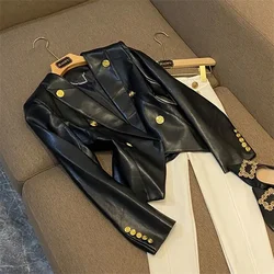 2024 PU Leather Jacket Women's Spring Autumn New Short Jackets Fashion Gold Buckle Leather Coat Brown Black Blazer Outwear