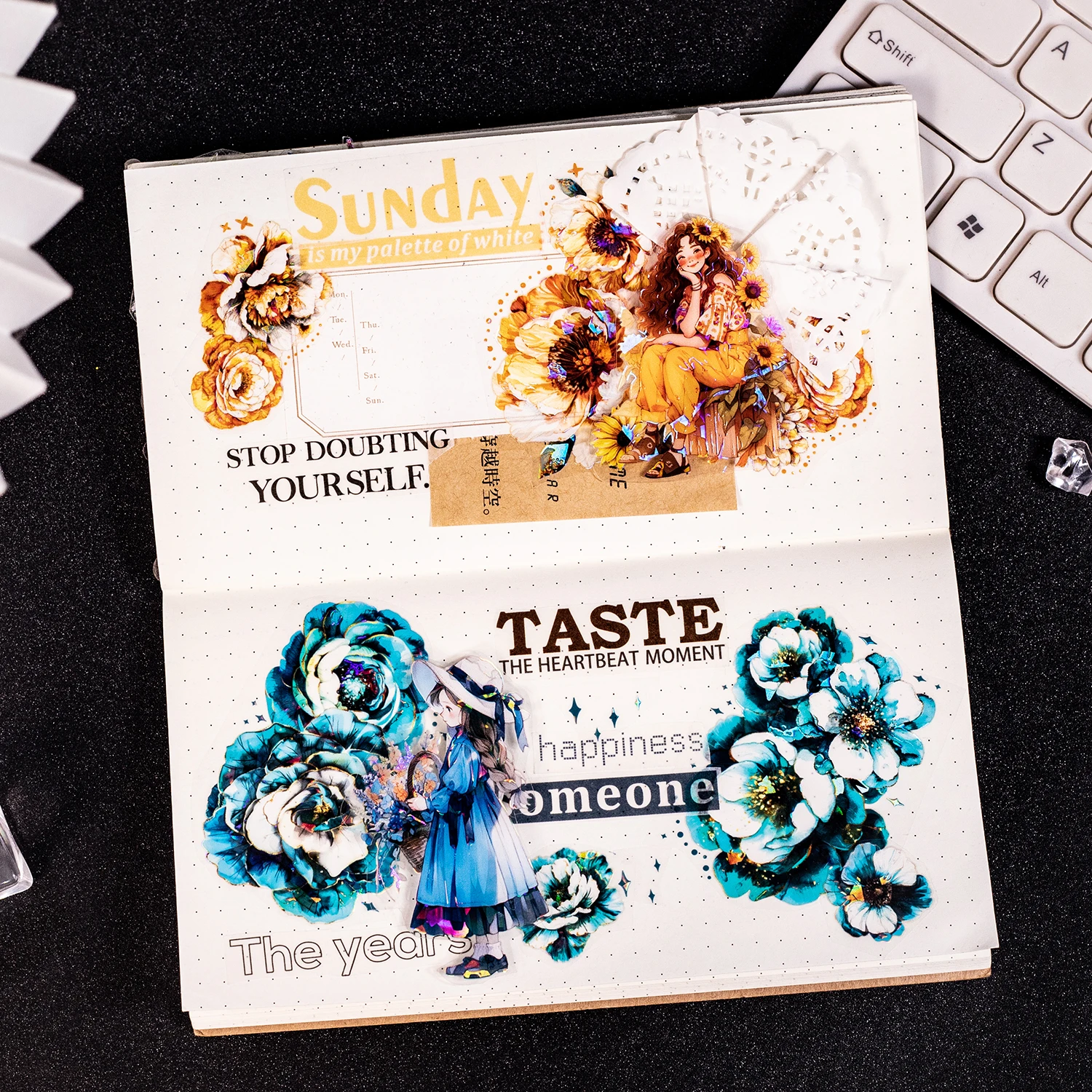 200 cm/Rolle, wasserdichtes PET-Shell-Lichtband, Fantasy Night Garden Series, wunderschöne Blumen, kreative Handnotiz-Collage