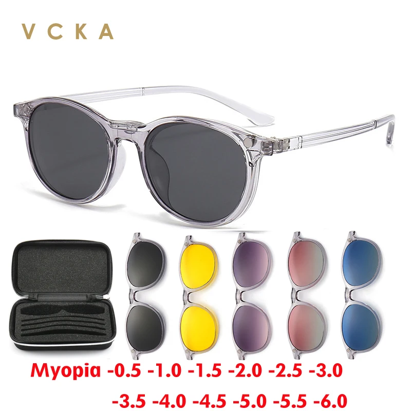 

VCKA Transparent Frame Women Myopia Sunglasses 6 In 1 Fashion Polarized Magnetic Clip On Glasses Prescription Eyeglass -0.5~-6.0