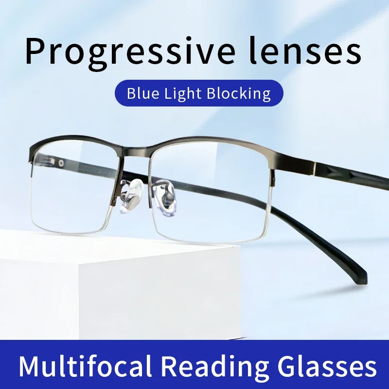 Multifocal Progressive Anti-Blue Light Readers Men | Accurate Magnification UV Blocking Stylish Metal Frame  Blu-blocker Readers
