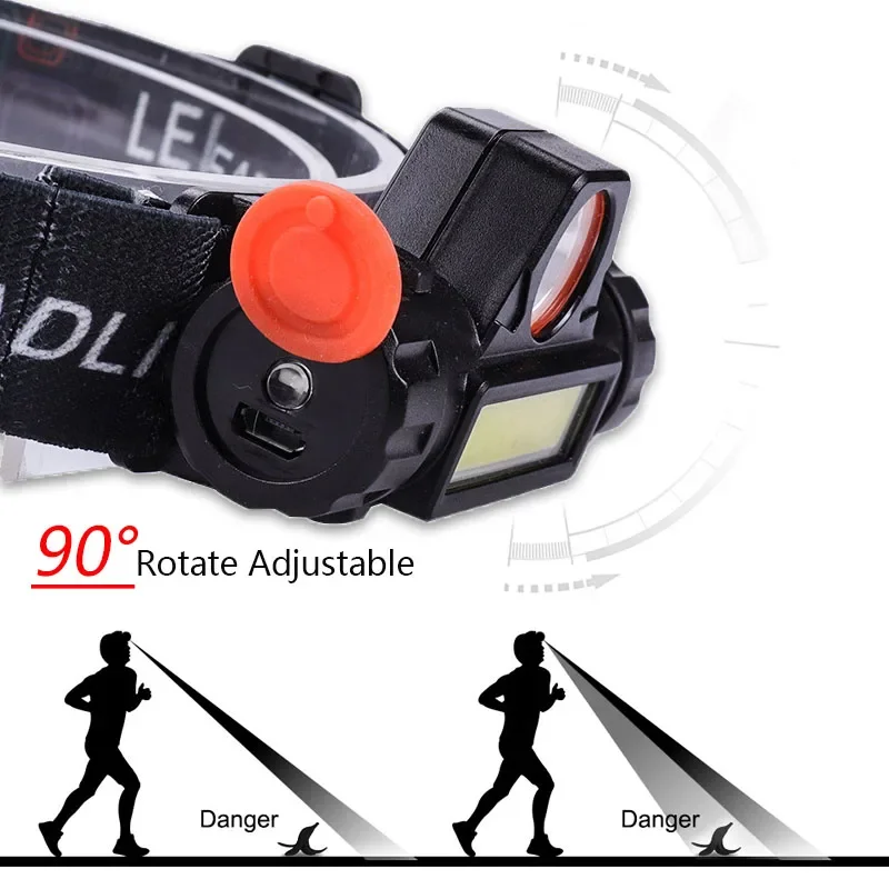 USB port frontal headlamp flashlight Head Light lamp Rechargeable 2modes COB +XPE powerful with battery Lamp Torches running