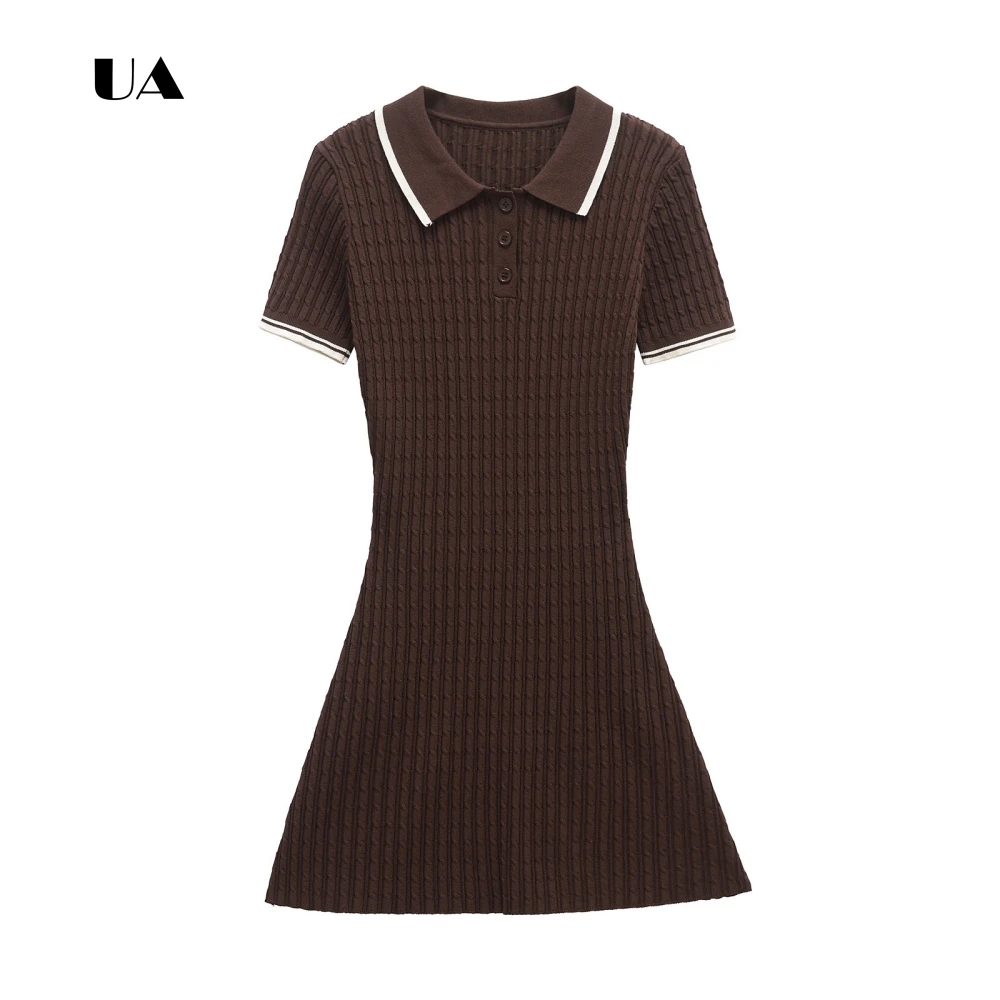 

ULBYANRY Fashionable Fit-and-flare Mini Dress with Turn-down Collar Solid Short Sleeve Button Evening Dress Simple Party Gown