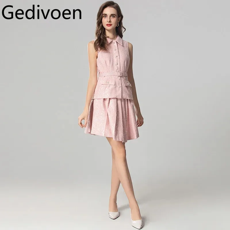 Gedivoen Summer Women's Suit Turn-Down Collar Sleeveless Single-Breasted Tops+Pleated short skirt 2 piece set With Belt