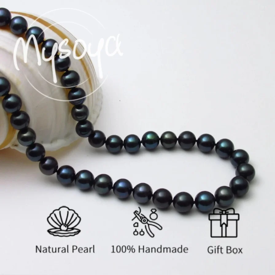 

MYSOYA Large Black Freshwater Pearl Necklace 9-10mm Pearl, with Gift Box, Birthday Gift, Wedding Jewelry, Gift for Him/ Her