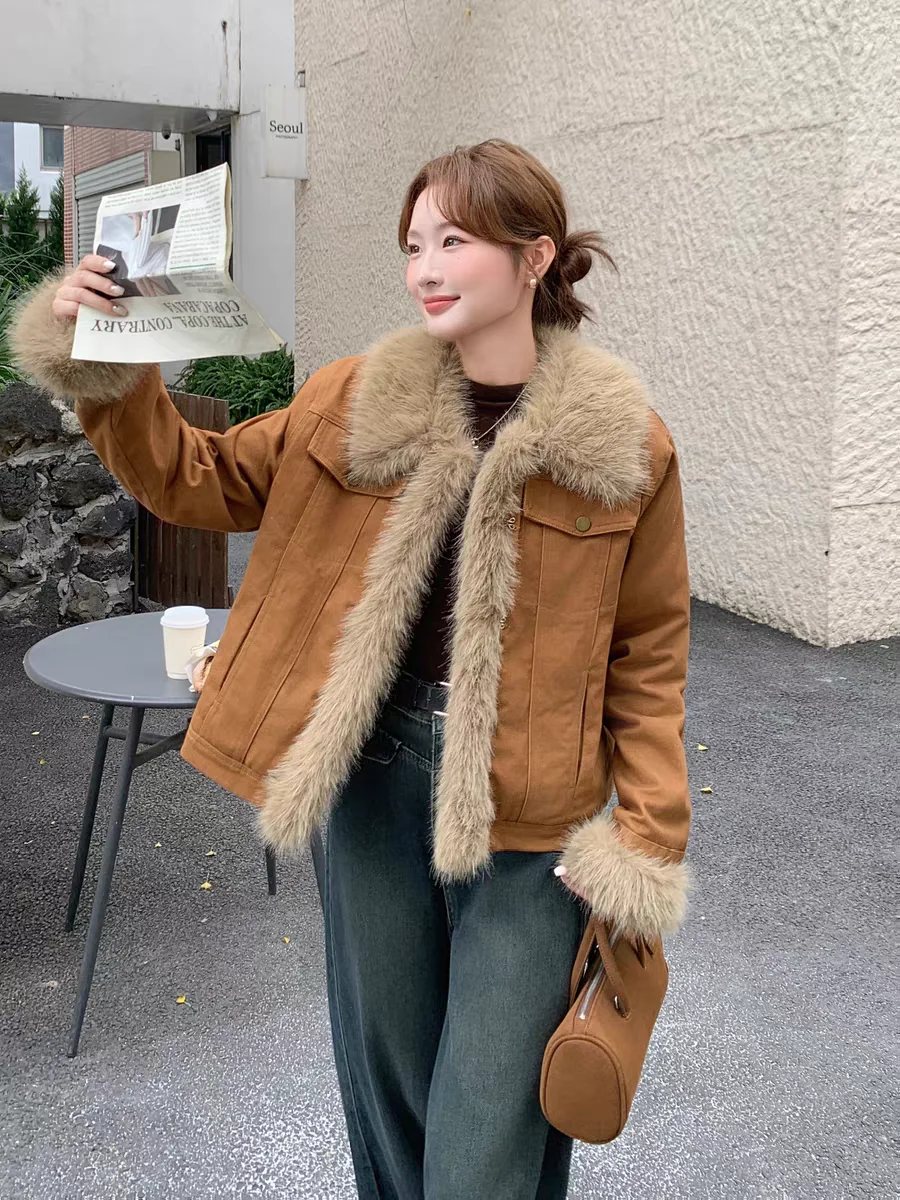 

Джинсовое пальто с поясом, меховое плюшевое женское осеннее укороченное двубортное пальто на пуговицах, классическая женская куртка для отпуска