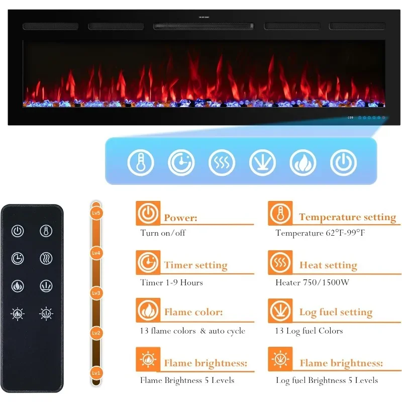 50" Smart WiFi Electric Fireplace Insert, 13 Flame & Fuel Bed with Automatic Cycle, Fireplace Heater with APP Control