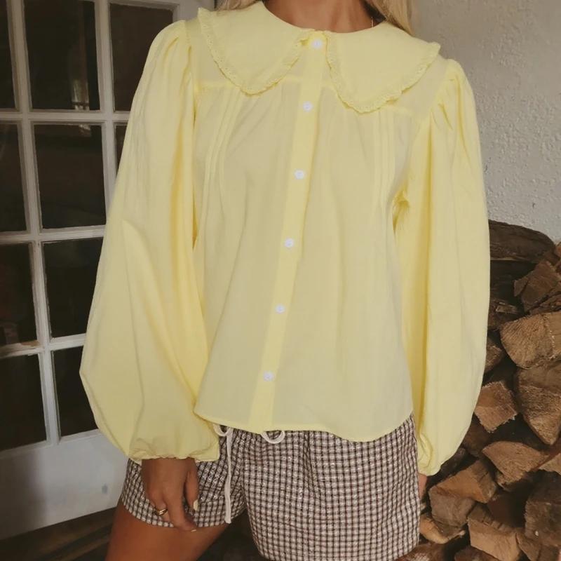 Combhasaki Women Solid Color Lantern Long Sleeve Shirt Tops Ruffled Lapel Doll Collar Casual Button Up Loose Fit Pleated Blouses