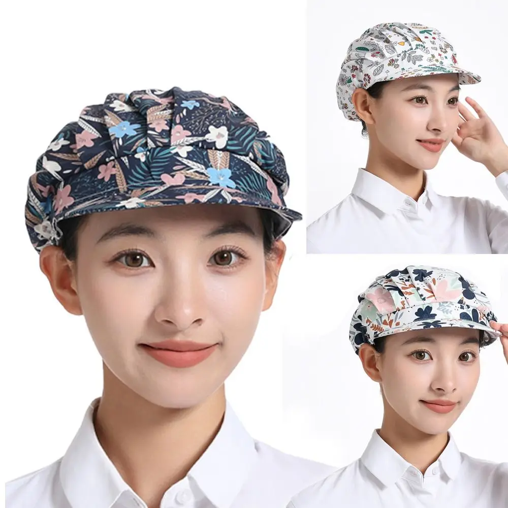 

Women Cotton Dust proof Work Cap Printing Fabric Bundled Hair Chef Cap Food Service Cook Hat Canteen Catering