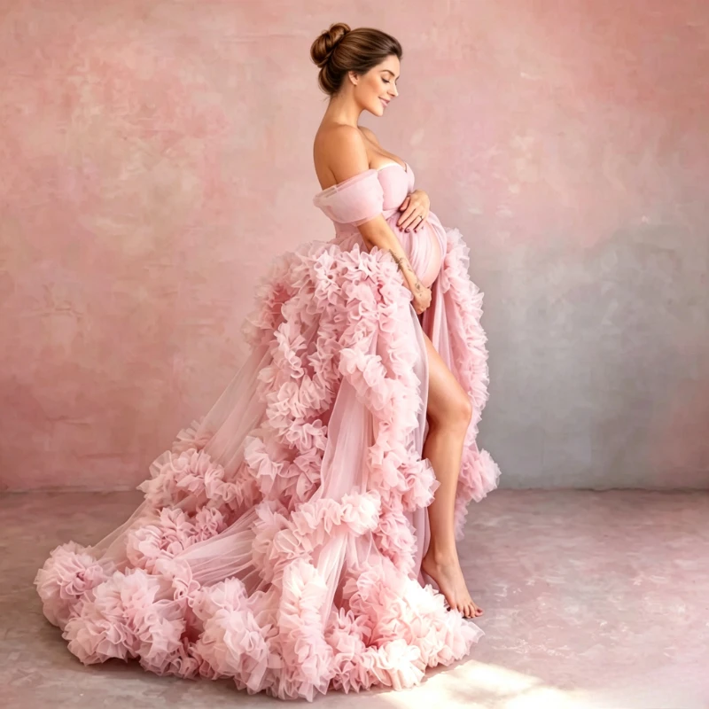 Maternity Photoshoot Dress Off Shoulder 3D Ruffled Tulle Gown Long Train Baby Shower Pregnancy Photo Studio Costume baby shower - view 2