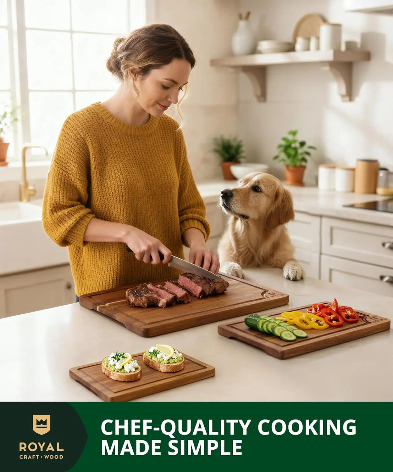 Conjunto de 3 tábuas de corte de madeira de acácia com ranhura profunda de suco e alças laterais para preparação, servir e charcutaria de cozinha