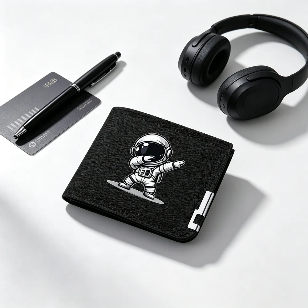 Canvas Men Wallet Astronaut Print Bifold Multi Card Slots ID Window Zipper Coin Purse for Teen Students