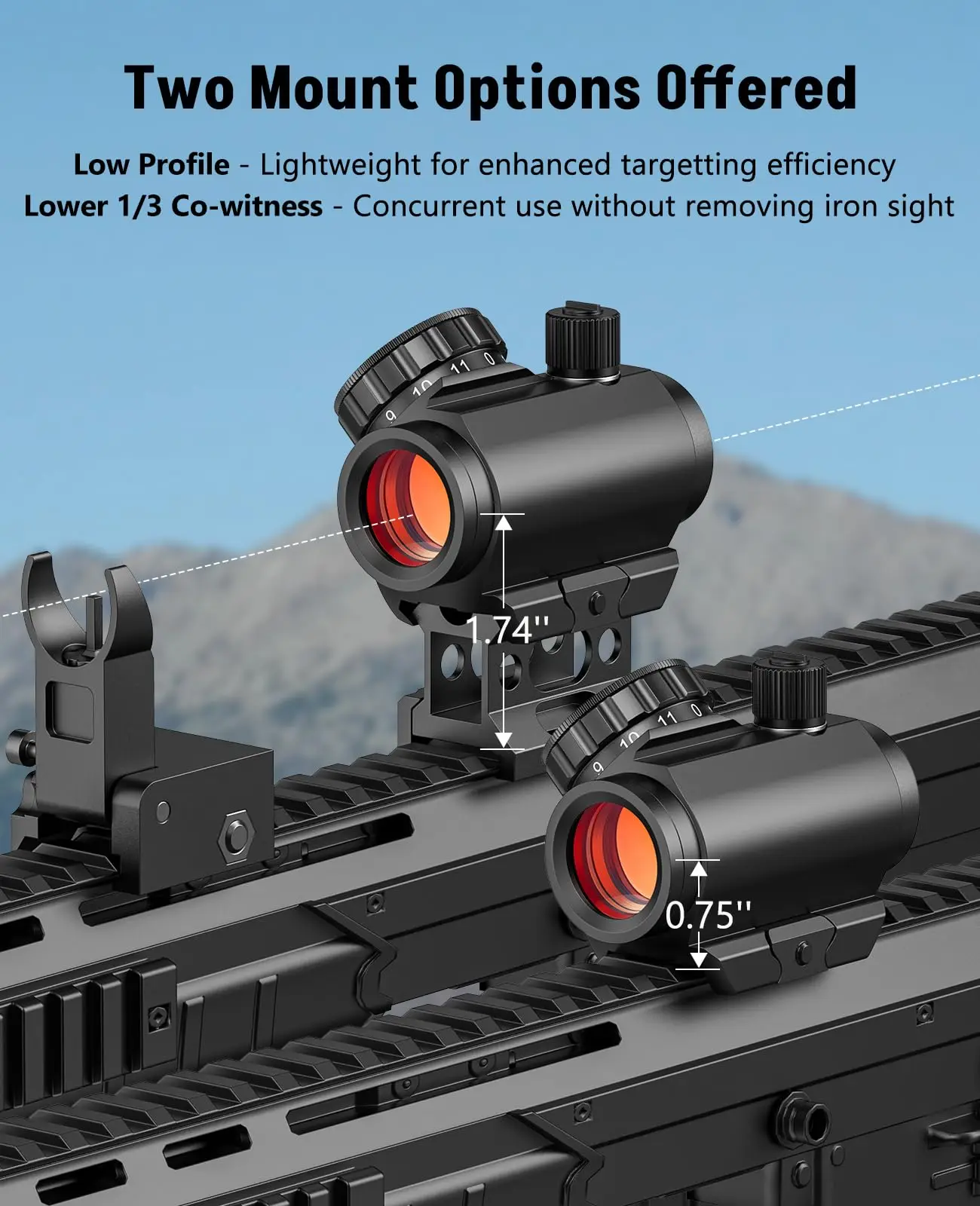 MidTen Motion Awake Red Dot Sight 2 MOA Reflex Optic 1x20mm Compact Scope for 21mm Picatinny with Lower 1/3 Co-Witness Riser
