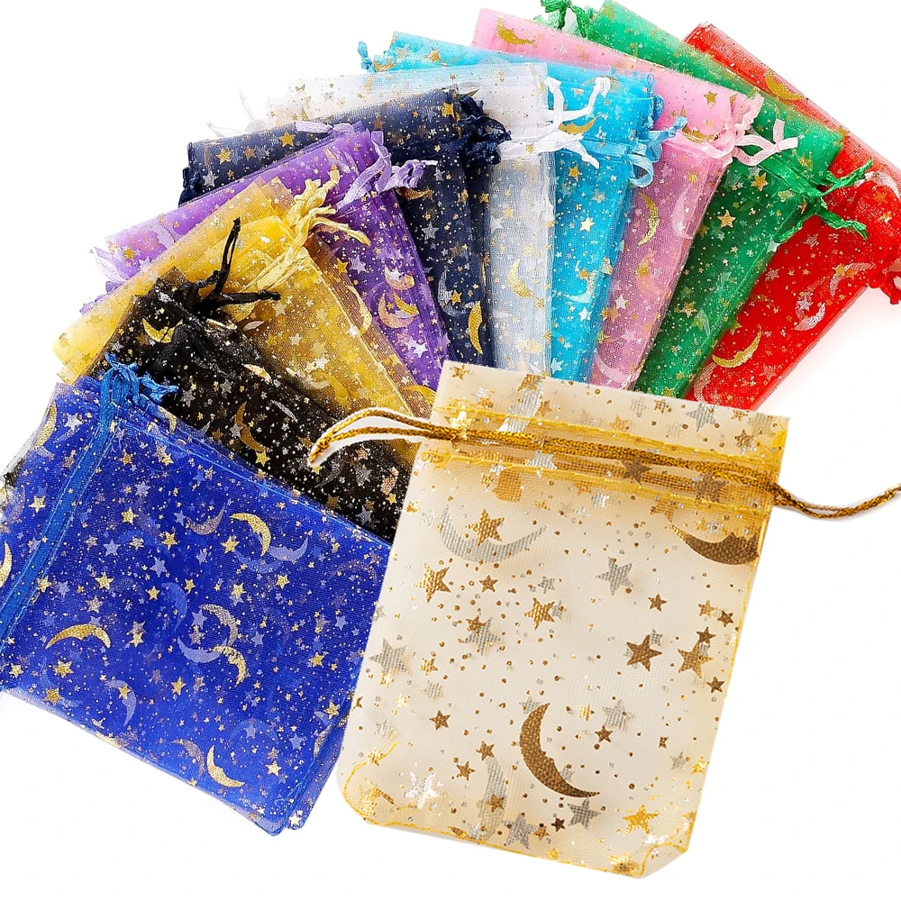 50PCS Mix Moon Stars Drawstring Organza Bags Jewelry Gift Bags Pouches Gold Star Organza Favor Pouches for Christmas Wedding