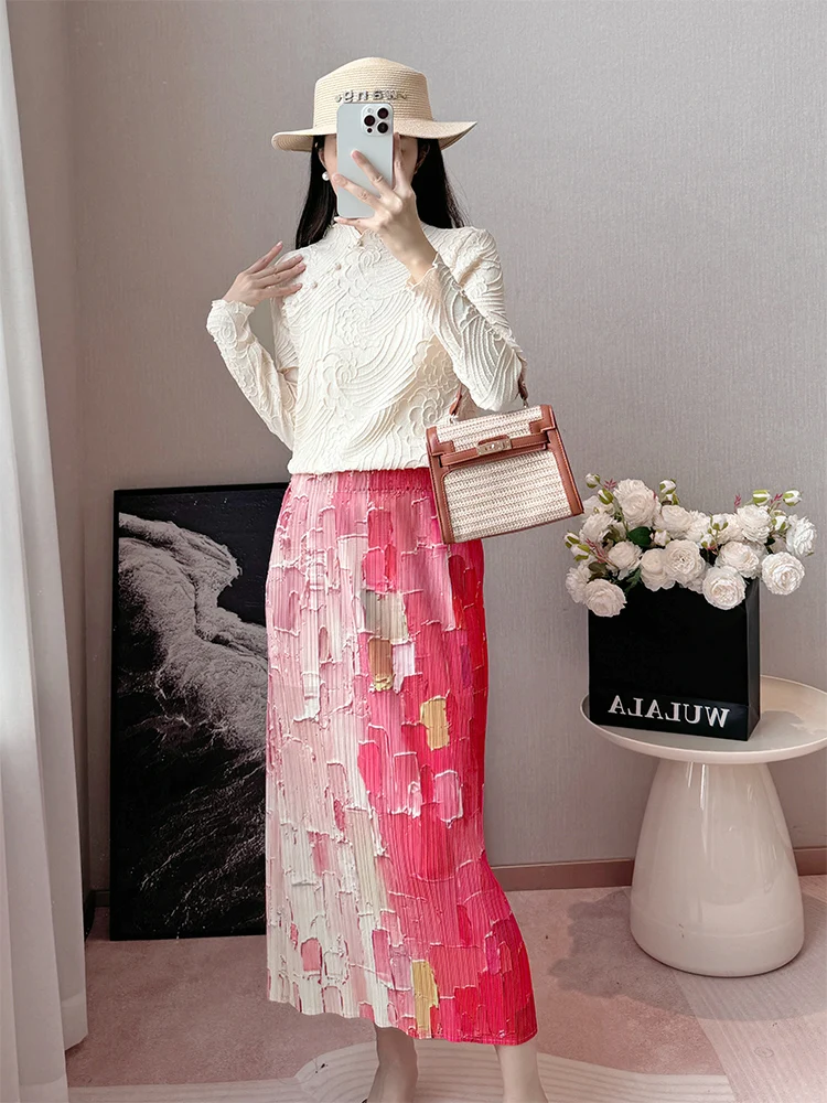 

Elegant Simple Pure Color Long Sleeve Stand Collar Women's T-Shirt High End Pleated Silk Top Commute Style Regular Fit