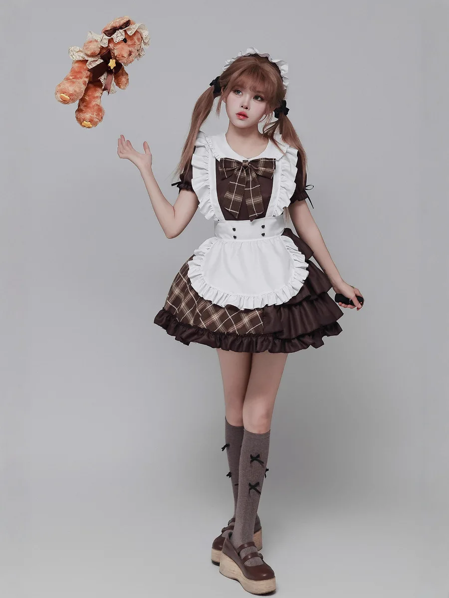 

Цветной костюм детектива для косплея, аниме, карнавальный костюм, платье горничной, Лолита с фартуком, коричневое женское платье Лолиты, наряд с короткими рукавами