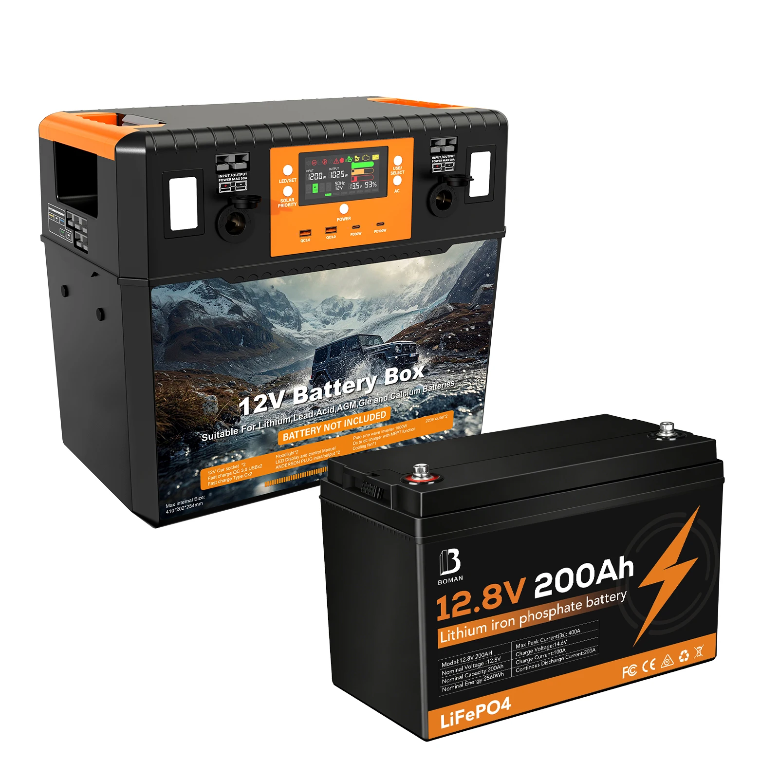 12V Plastic Waterproof Battery Box with 200Ah Lifepo4 Battery with DC to DC Charger 40A Camping Travel Solar Power Battery Box