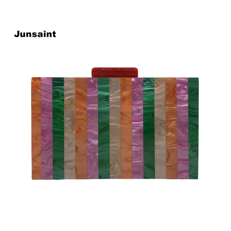 

New Arrival Women Orange Base Striped Acrylic Evening Purse Chic Colors Patchwork Clutch Bag Chains Shoulder Bags Party Handbags