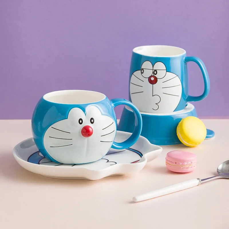 Genuine Stock Doraemon Mug With Cover Machine Cat Cute Blue Fatceramic Cup Holiday Birthday Cartoon Gifts For Boys And Girls